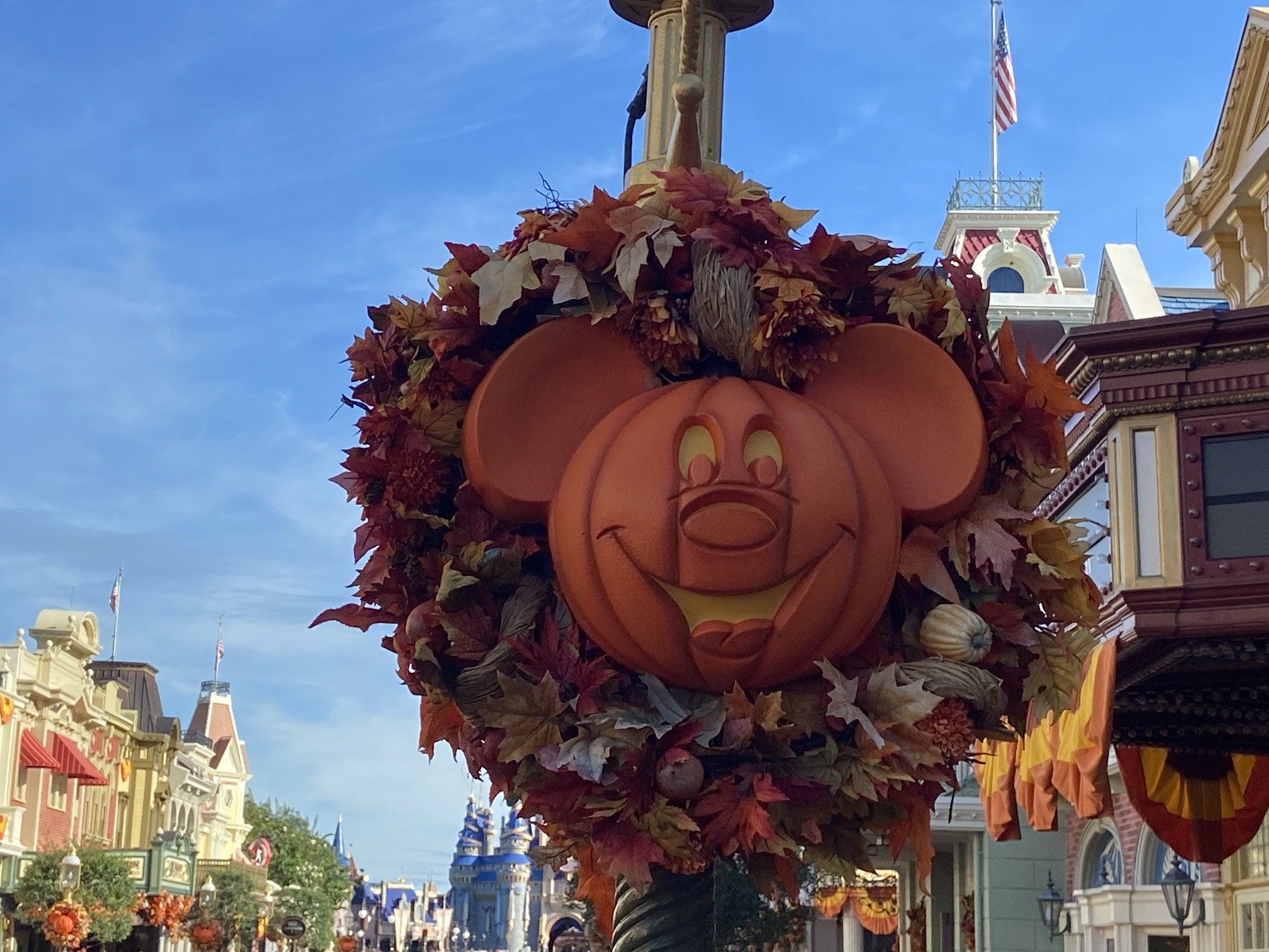 Mickey pumpkin wreath and autumn decorations on Main Street