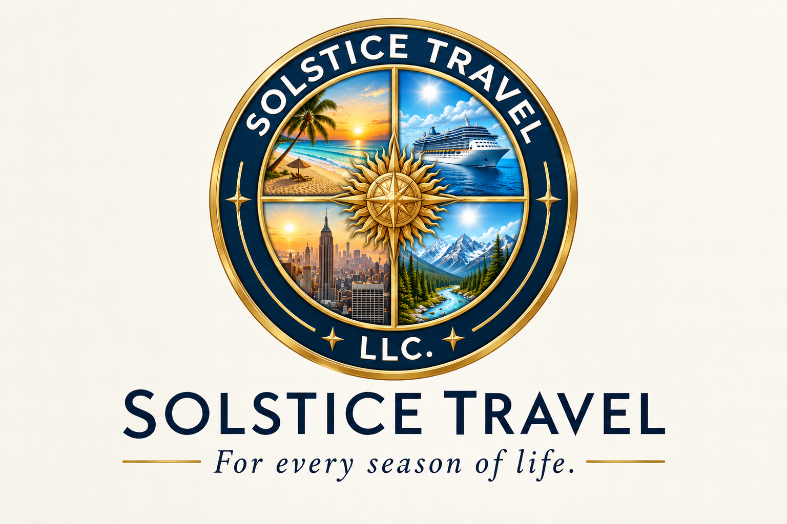 Solstice Travel LLC — For every season of life, official navy and gold logo